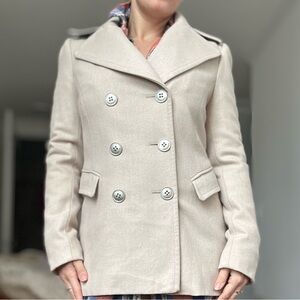 NWOT Kenneth Cole Womens Pea Coat Wool Blend Cream Collared Jacket Dry Cleaned